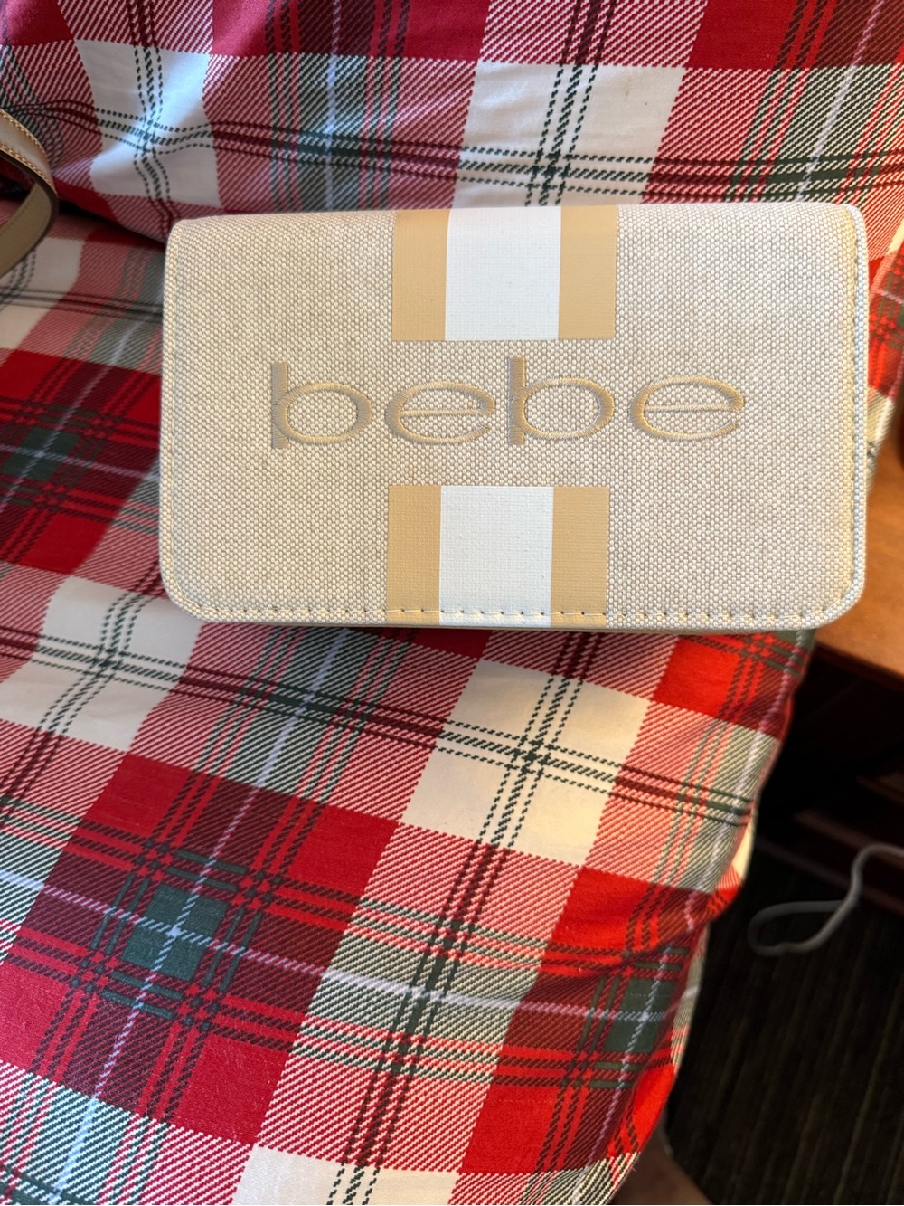 bebe Cream and White Stripe Compact handbag